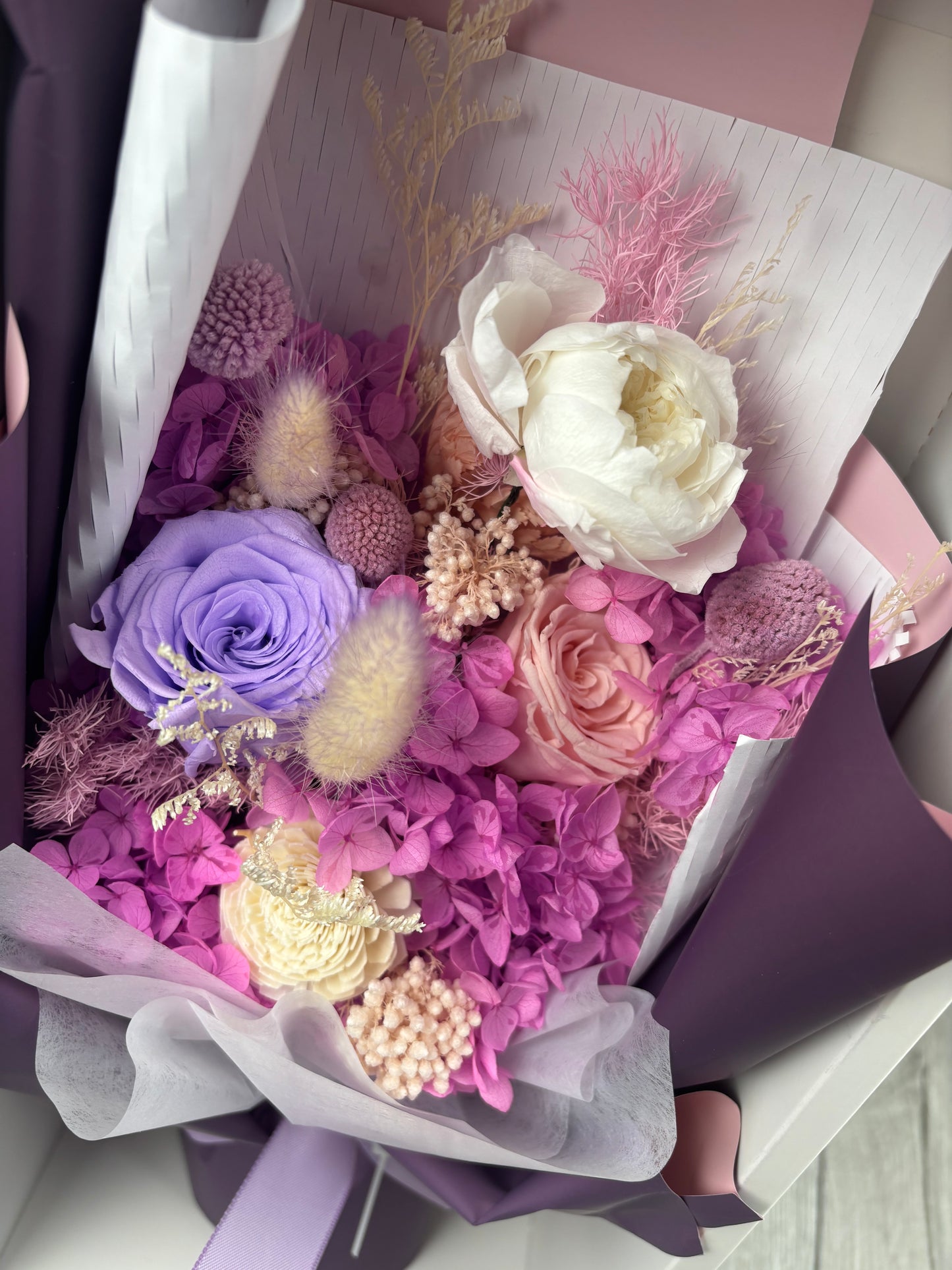 Hand Made Bouquet, Preserved Floral Gift, Pink and Purple