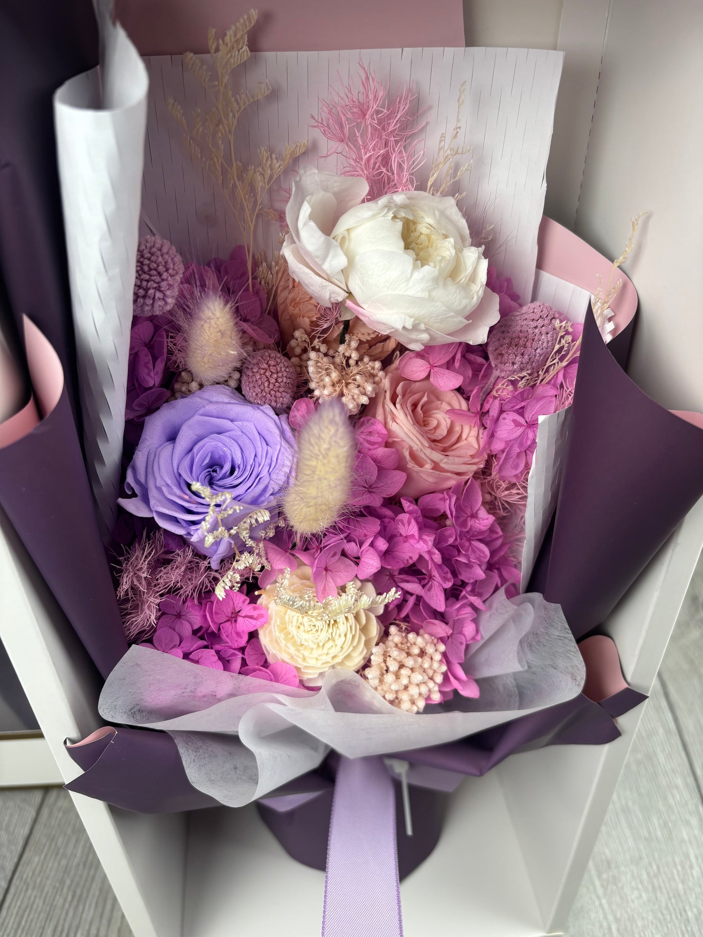Hand Made Bouquet, Preserved Floral Gift, Pink and Purple