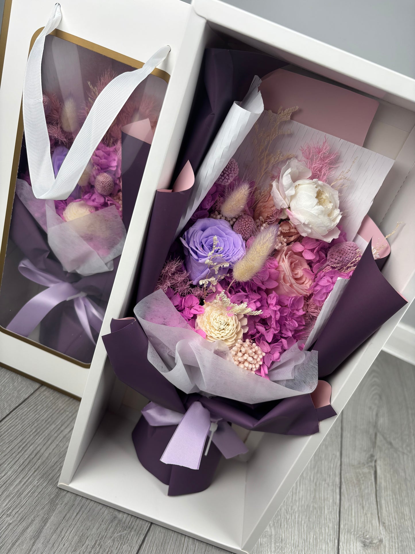Hand Made Bouquet, Preserved Floral Gift, Pink and Purple